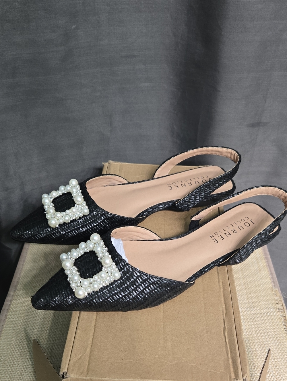 Journee Collection Black Pearl-Buckle Woven Slingback Flats
